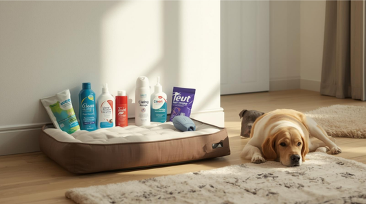 Clean UK living room with pet hygiene essentials and a relaxed dog