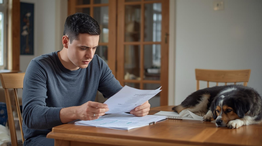 UK pet owner reviewing pet insurance documents at home with a dog