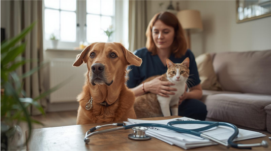 Pet insurance concept with dog and cat in a UK home environment