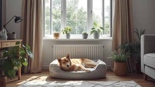 Fresh, clean living room with a relaxed pet