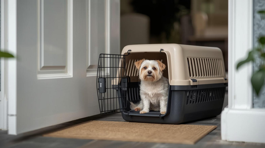 Pet carrier prepared for travel in a clean home setting