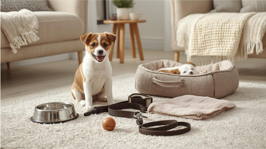 Puppy essentials checklist items including harness, lead, toys, bed and training pads for UK dog owners