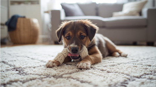Puppy chewing a soft teething toy indoors