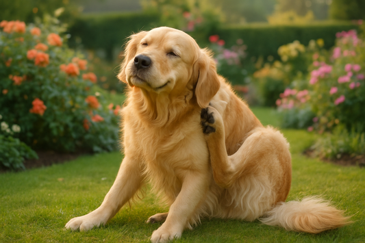 Golden retriever scratching in a summer garden, soft natural light