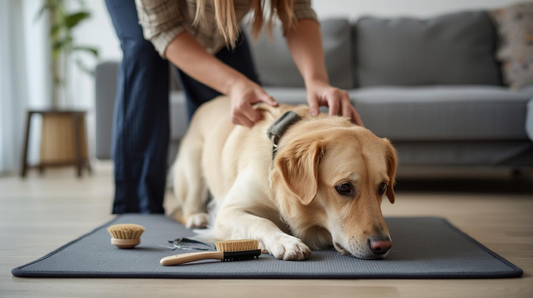 Dog being brushed at home to reduce shedding and loose fur on furniture