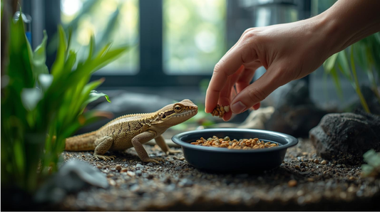 Pet reptile eating food inside a terrarium