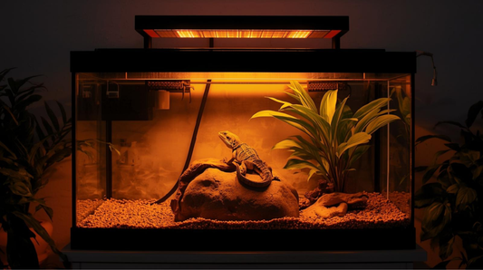 Reptile basking under heat and UVB lighting in a home terrarium