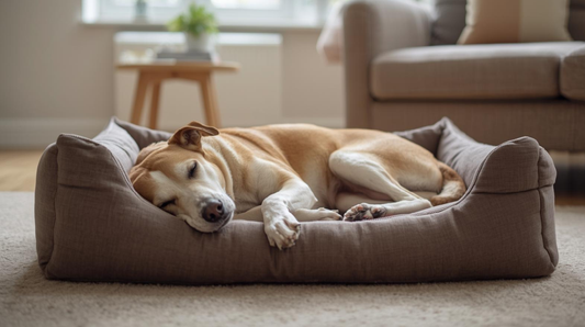 Senior dog resting on a supportive pet bed indoors