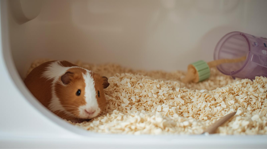 Clean small pet enclosure with fresh bedding and a small pet resting comfortably