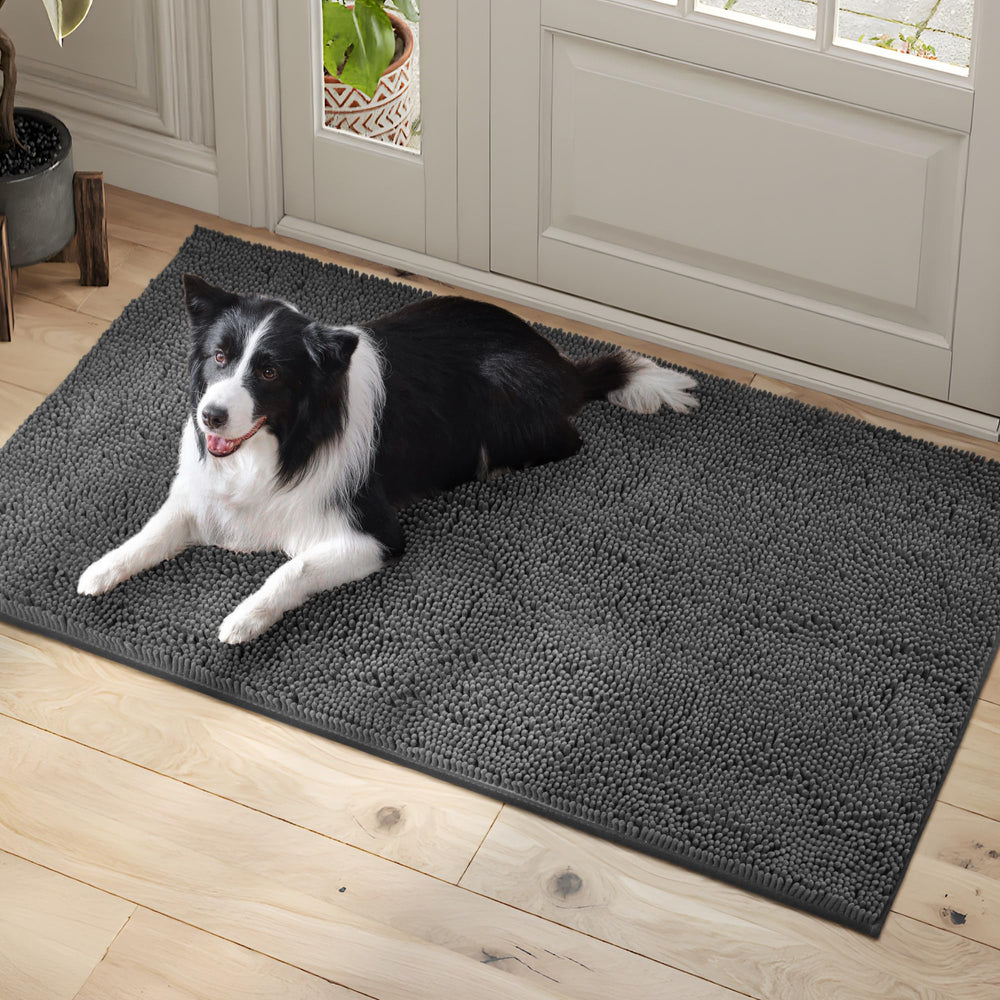 100pointONE dog door mat closeup chenille texture showcases plush softness underfoot