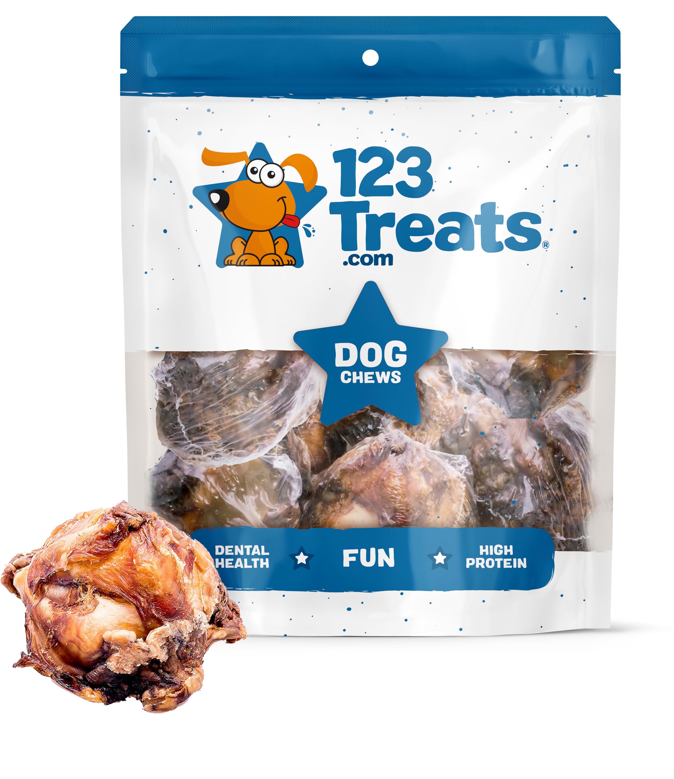 123 Treats Knee Cap Beef Bones packaging shows natural ingredients for long-lasting chewing.