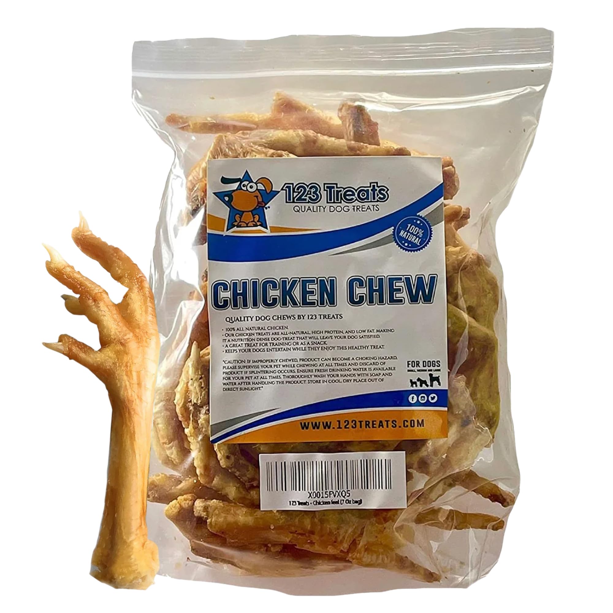 123 Treats packaging front shows natural chicken feet dog treats for all sizes.