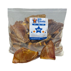 123 Treats natural pig ears for dogs in bulk-pack highlighting long-lasting chew sessions.