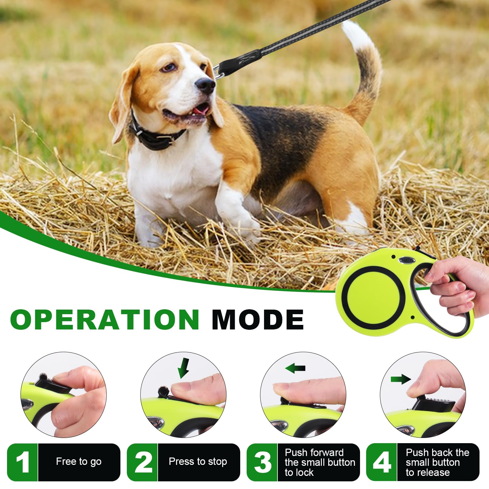131RRYVY green retractable leash shown for outdoor walking and control.