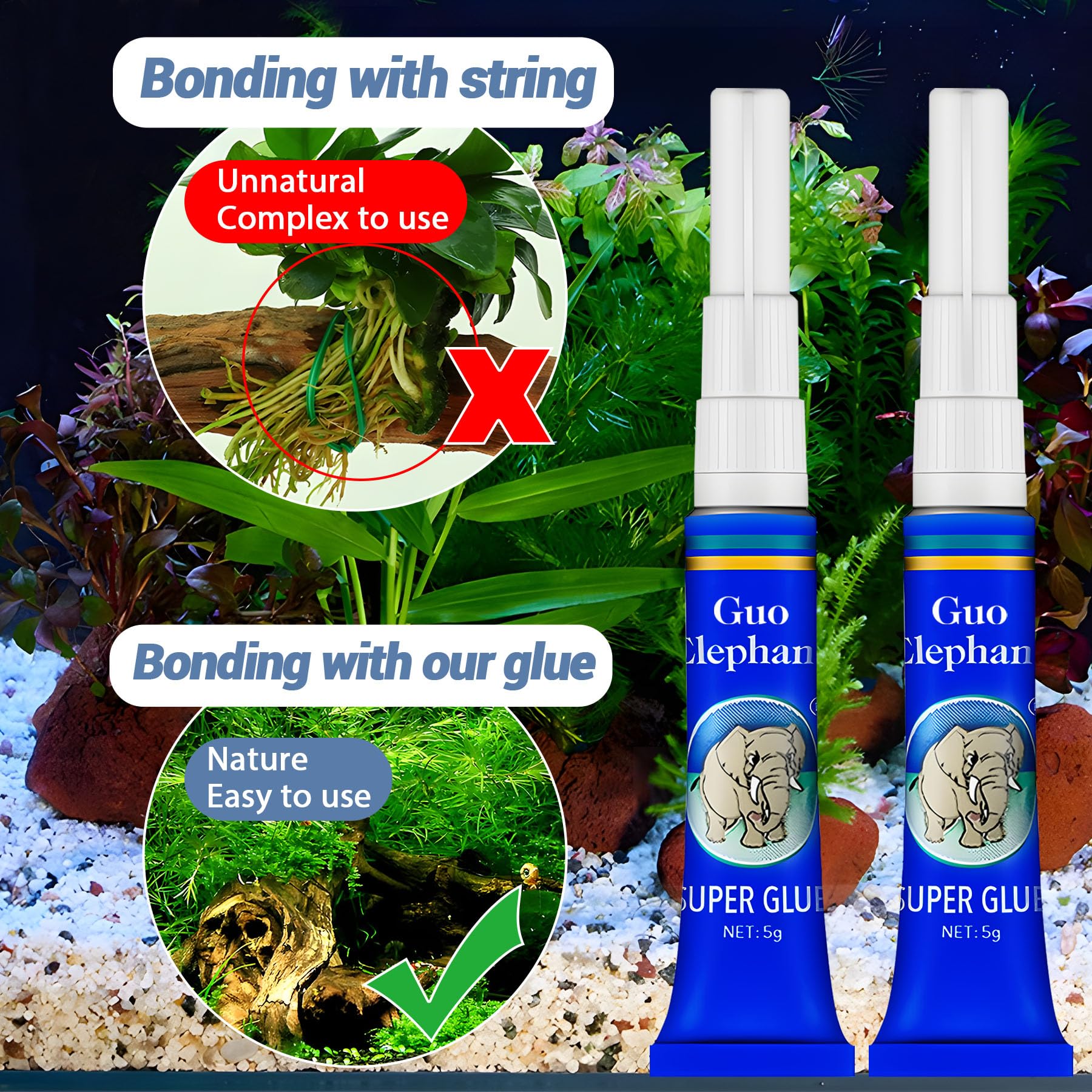 1DFAUL Aquarium Glue cures underwater, supporting stable aquascapes