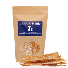 2 Dogs Treats Just Chicken Jerky packaging highlights USA-sourced quality