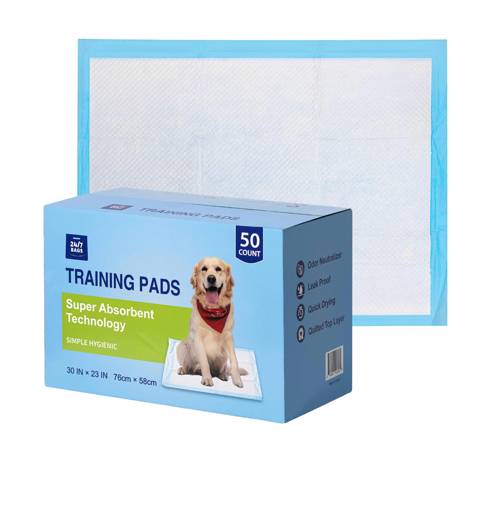 24/7 BAGS X-Large Puppy Pads box showcases bulk value for home training sessions.
