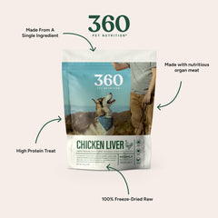 360 Pet Nutrition bag open reveals single-ingredient liver bites ideal for training rewards.