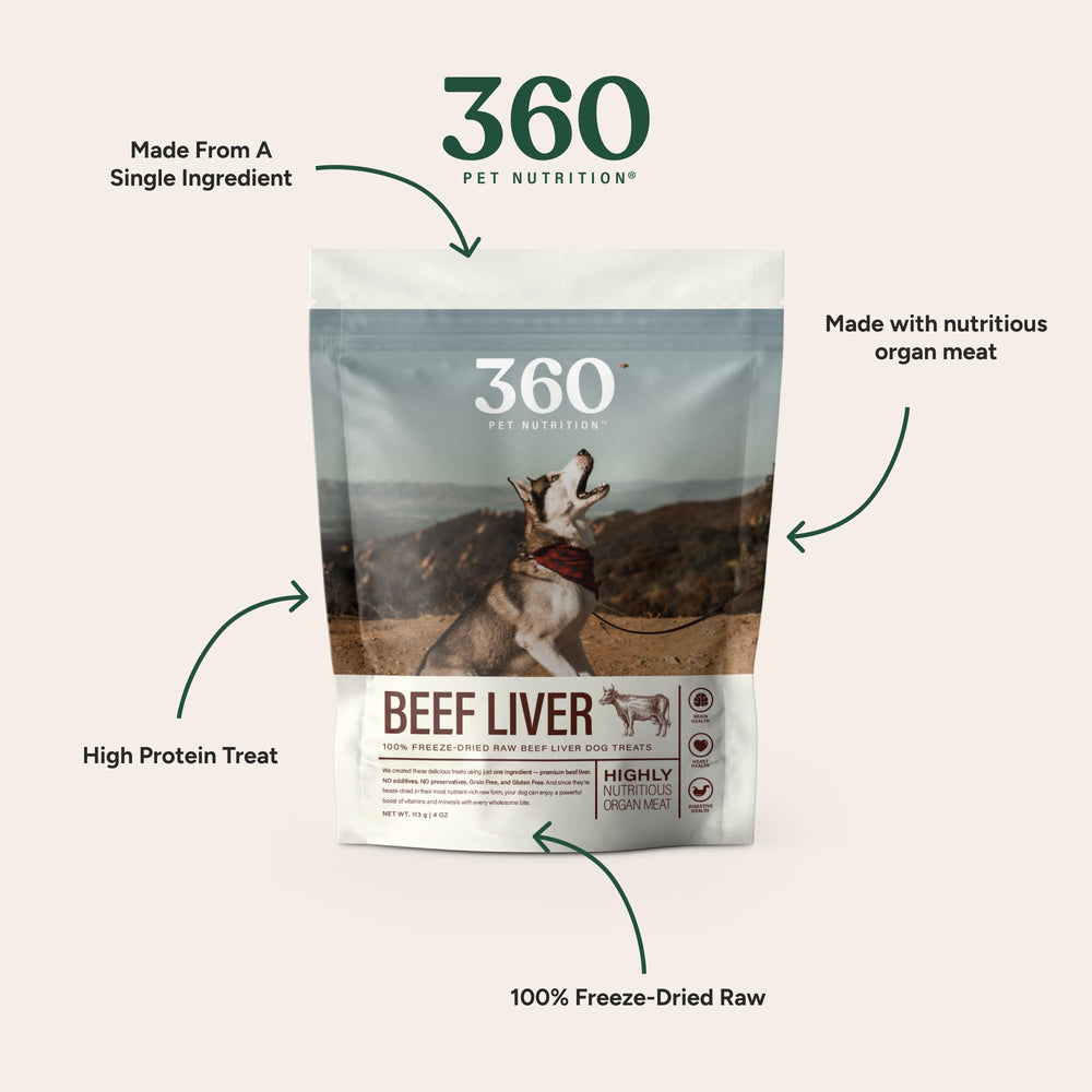 360 Pet Nutrition beef liver treats bag open, ready for quick training rewards.