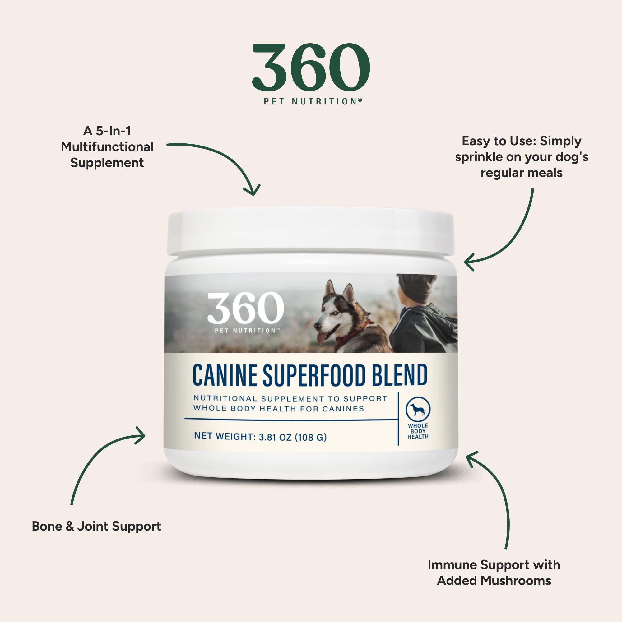 360 Pet Nutrition Canine Superfood Boost topper on meal boosts nutrition