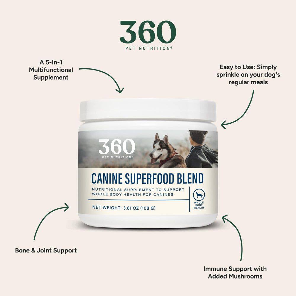 360 Pet Nutrition Canine Superfood Boost topper on meal boosts nutrition