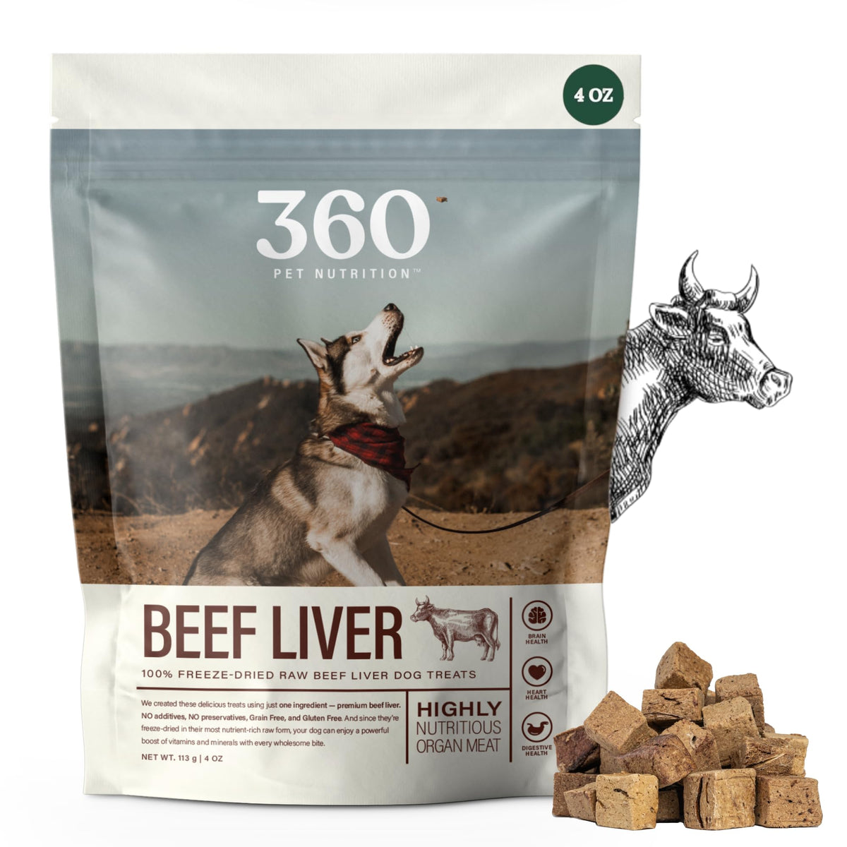 360 Pet Nutrition freeze-dried beef liver treat packaging close-up showing single-ingredient protein.