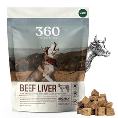 360 Pet Nutrition freeze-dried beef liver treat packaging close-up showing single-ingredient protein.