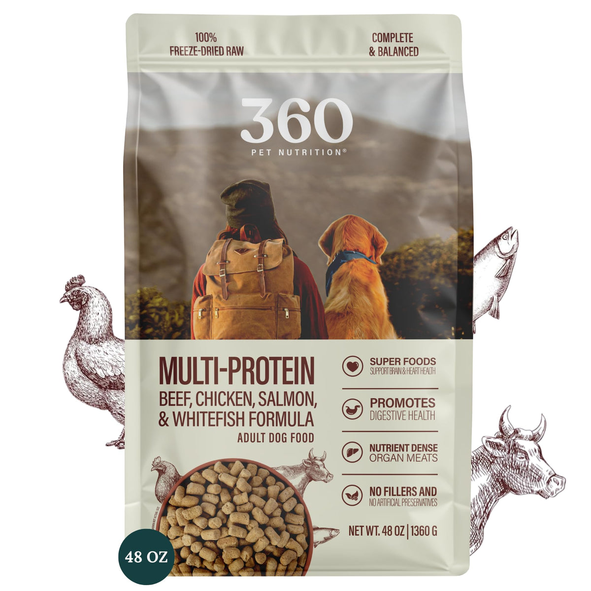 360 Pet Nutrition freeze-dried raw dog food bag closeup; premium USA-made formula for convenient meals.