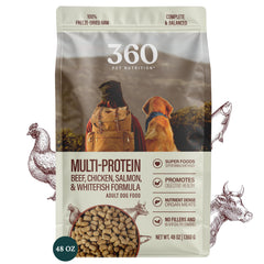 360 Pet Nutrition freeze-dried raw dog food bag closeup; premium USA-made formula for convenient meals.