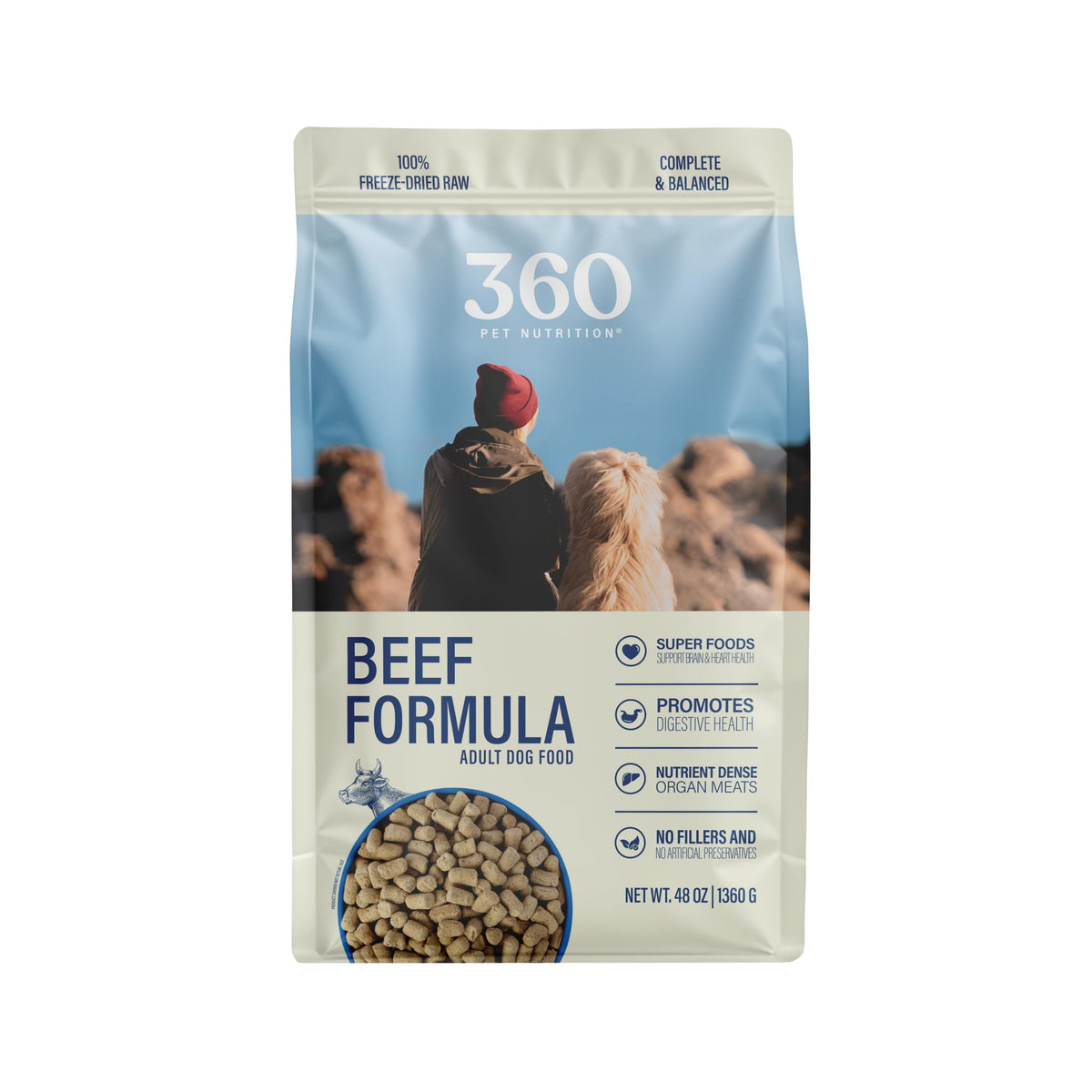 360 Pet Nutrition freeze-dried beef recipe bag – high-protein meal option for dogs.