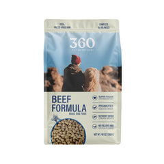 360 Pet Nutrition freeze-dried beef recipe bag – high-protein meal option for dogs.