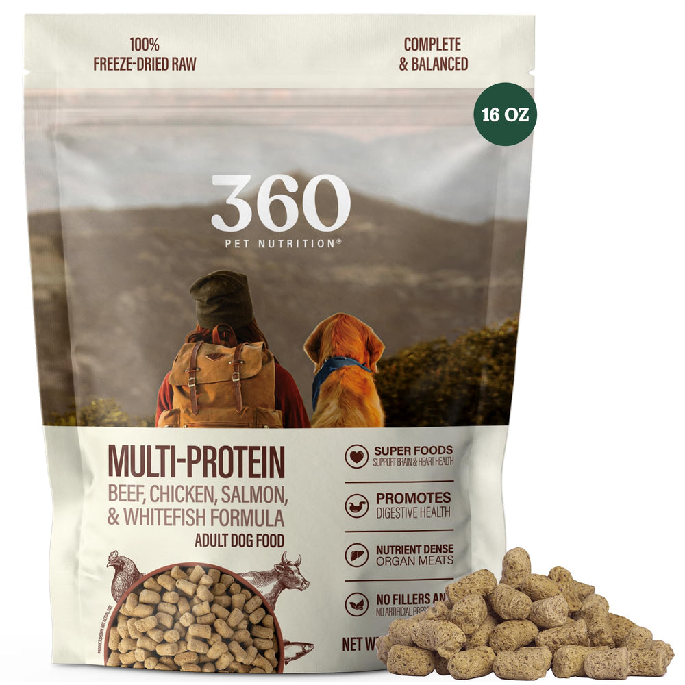 360 Pet Nutrition freeze-dried raw dog food bag front with high-protein multi-meat blend