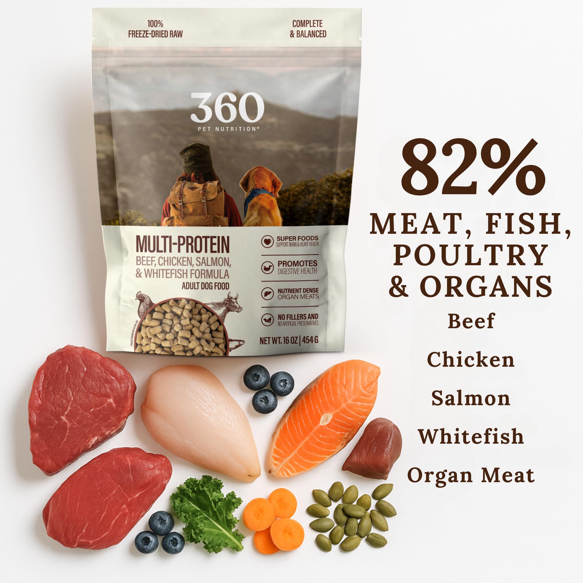 360 Pet Nutrition close-up of freeze-dried meat pieces and crunchy texture