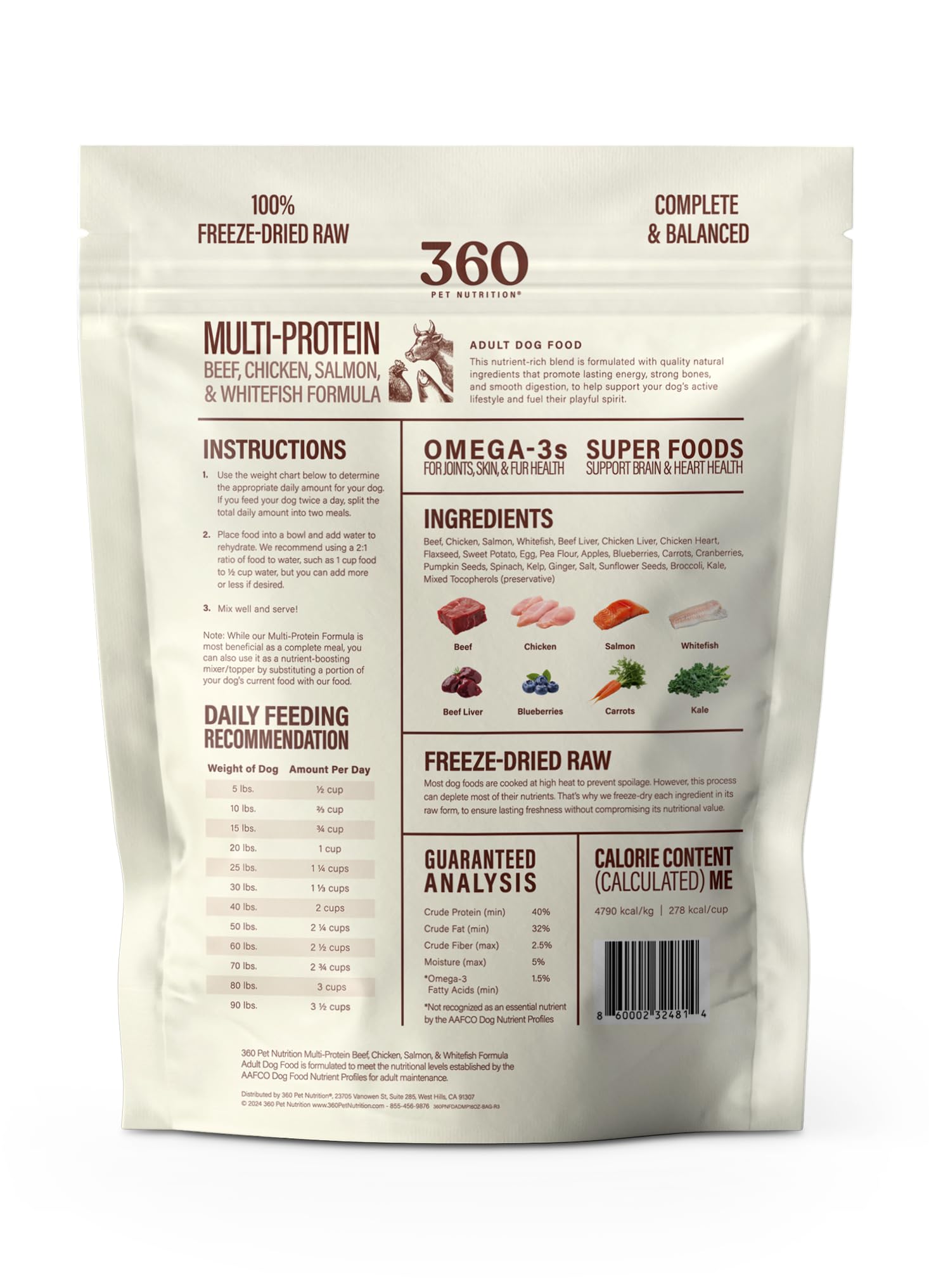 360 Pet Nutrition top-view bag showing portable, shelf-stable format