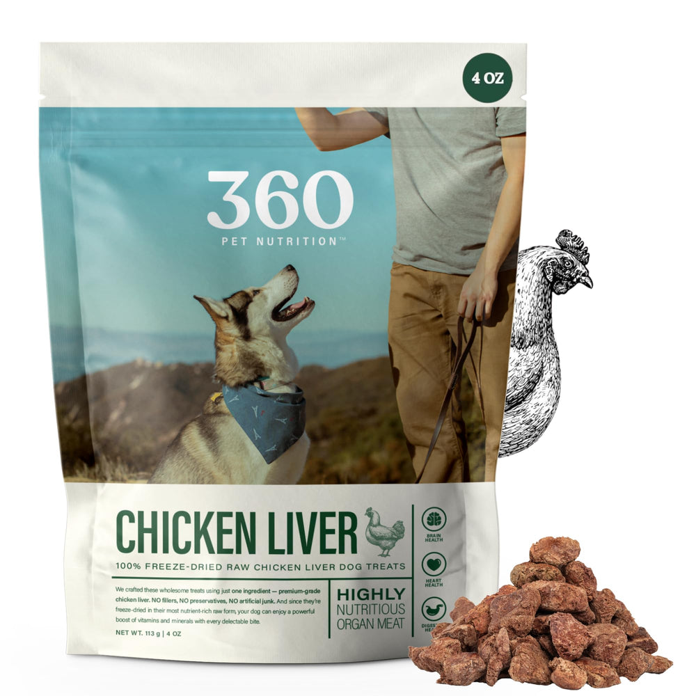 360 Pet Nutrition packaging shows freeze-dried chicken liver treats for dogs as grain-free rewards.
