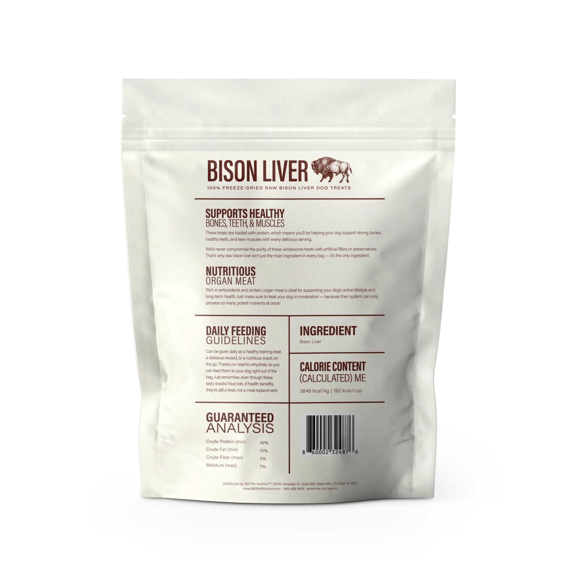 360 Pet Nutrition pure bison liver snack — protein-rich, convenient bites.