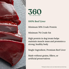 360 Pet Nutrition single-ingredient beef liver treats, ideal for grain-free canine nutrition.