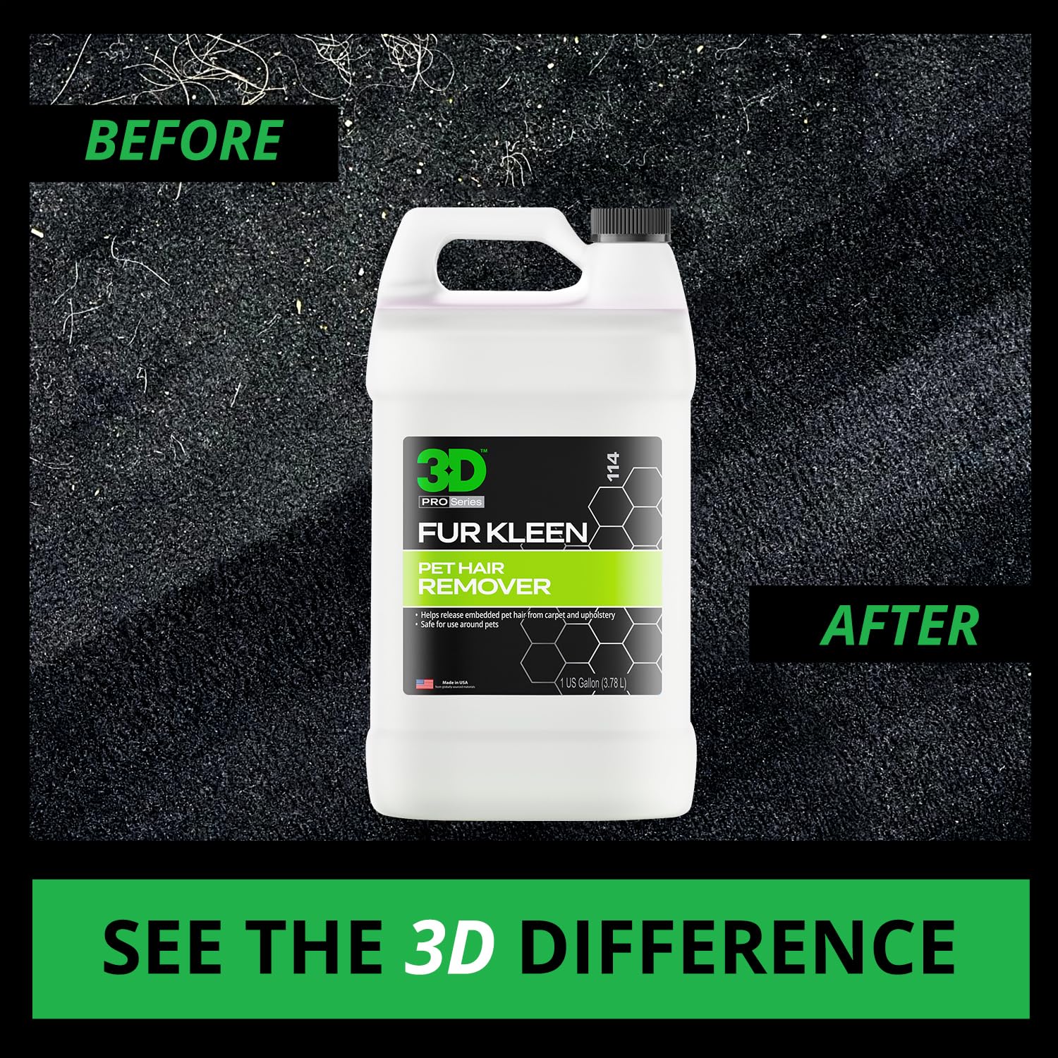 3D Fur Kleen 1-gallon bottle shown for large-area use on carpets.