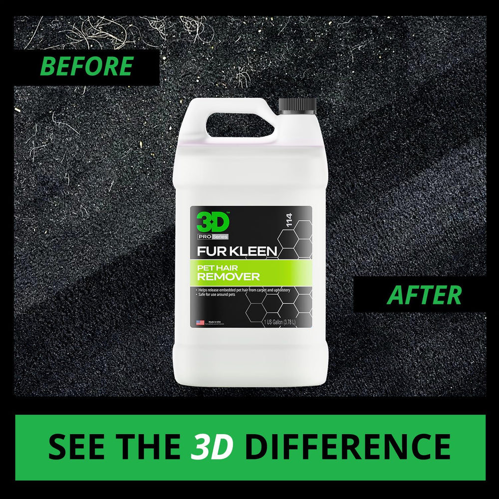 3D Fur Kleen 1-gallon bottle shown for large-area use on carpets.
