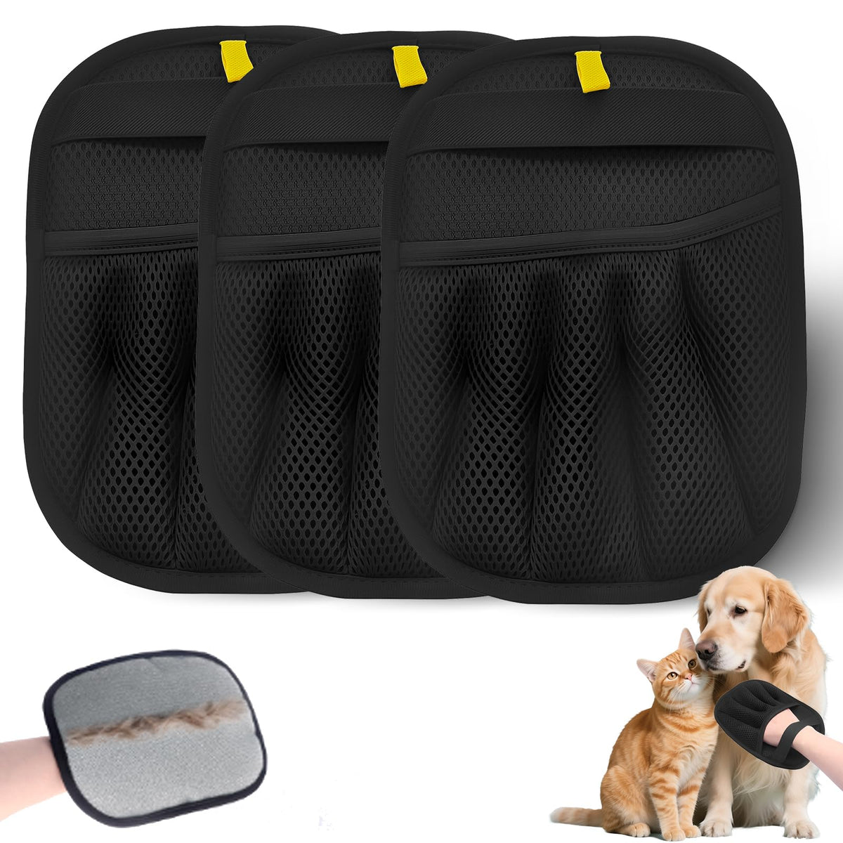 3Pcs Pet Hair Removal Glove closeup shows electrostatic fur lift on fabric.