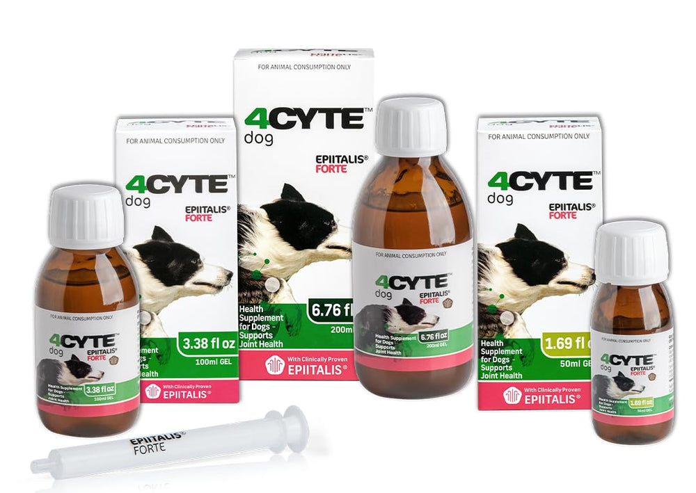 4CYTE Epiitalis Forte dog gel with dosage imagery for simple routine