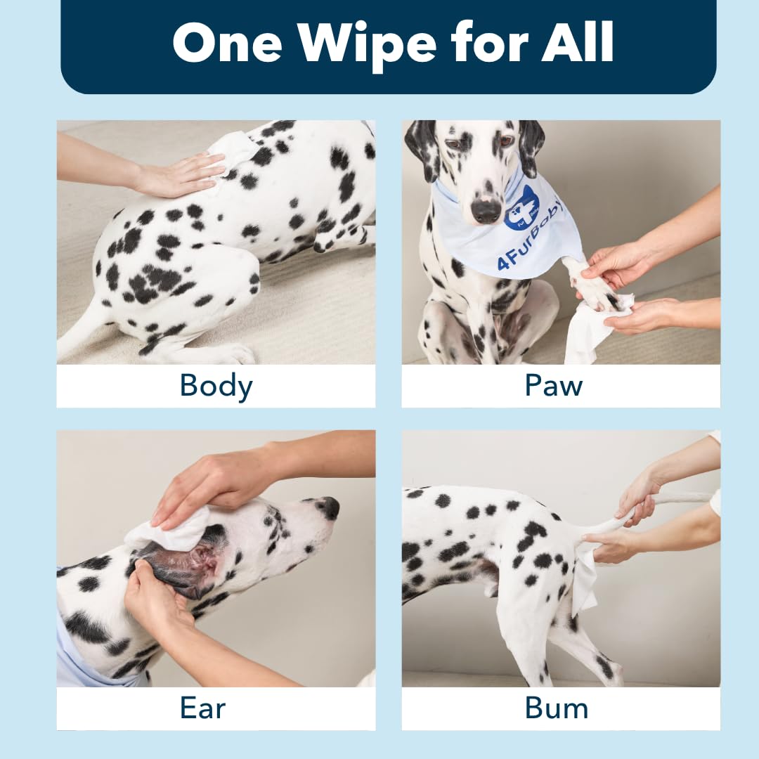 4furbaby paw-and-face wipe used after walks to refresh muddy areas and ears.