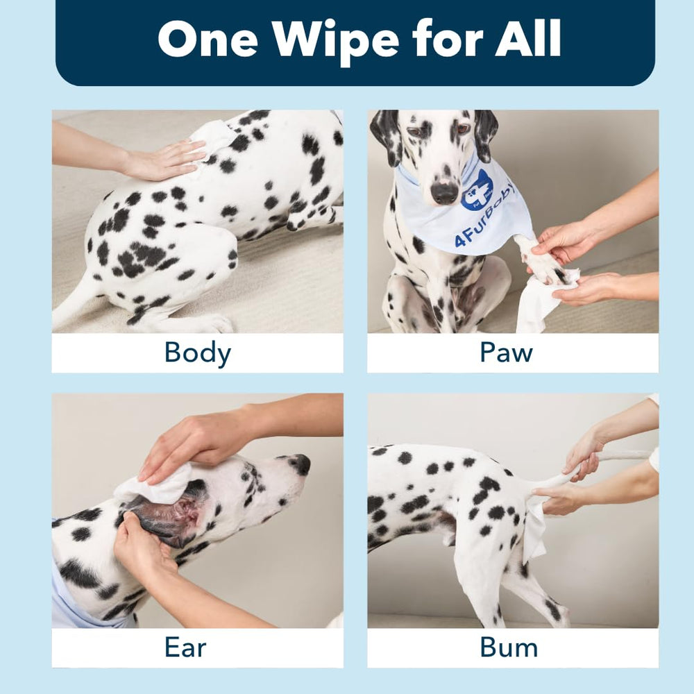 4furbaby paw-and-face wipe used after walks to refresh muddy areas and ears.