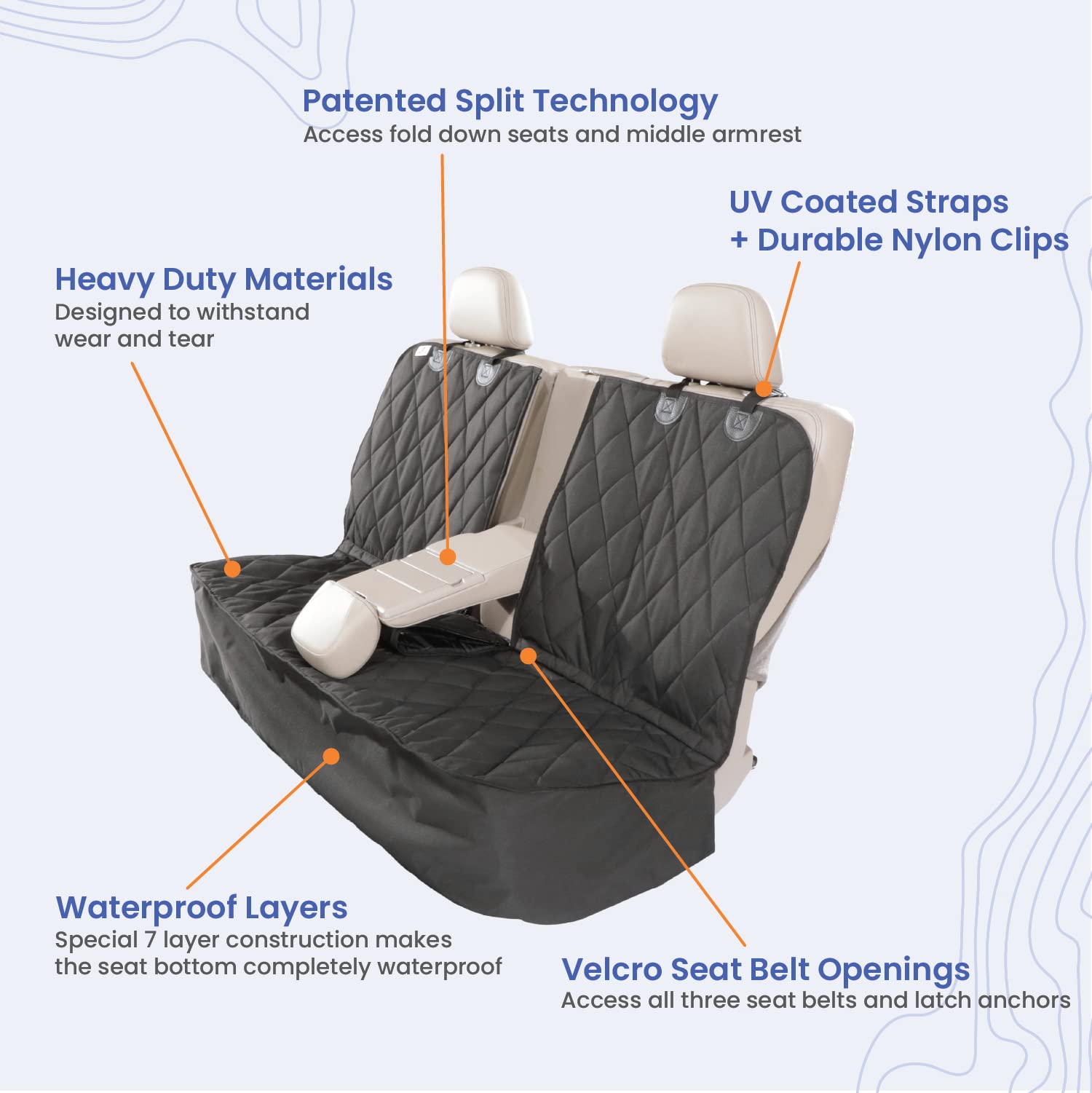 4Knines dog seat cover backseat k9-shield waterproof layer resists spills and moisture.