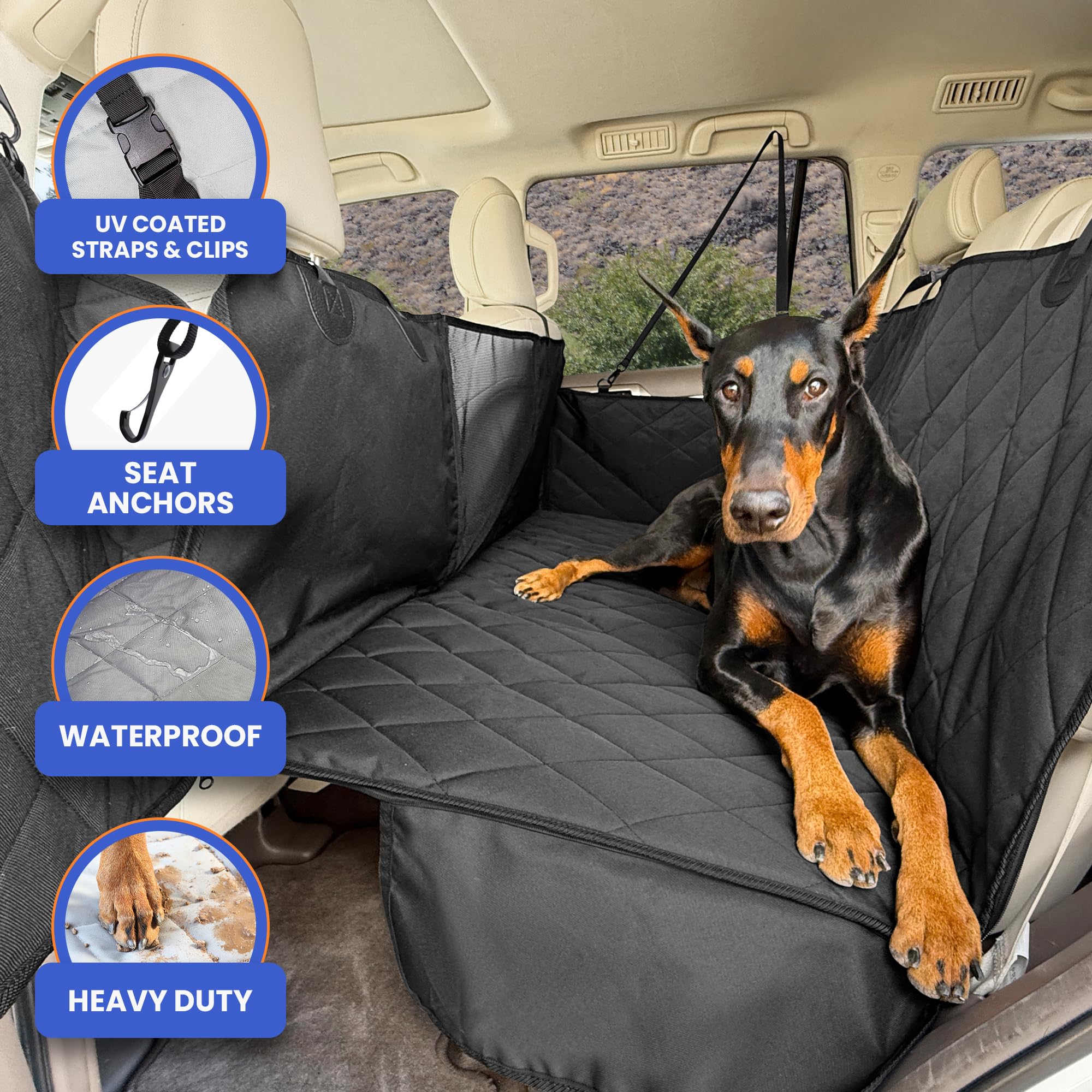4Knines waterproof K9 Shield fabric guarding seats against spills and fur.