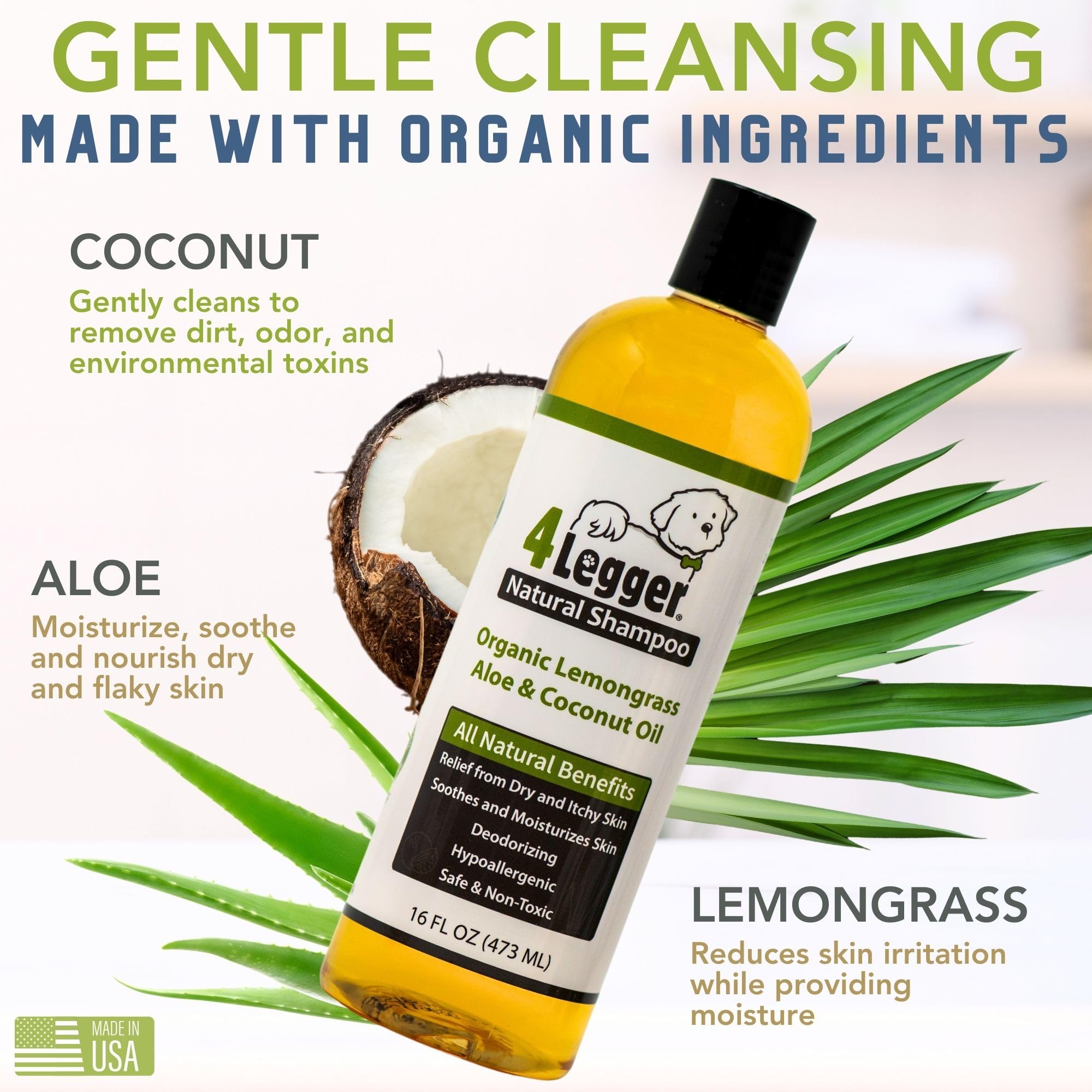 4Legger shampoo label close-up shows organic ingredients like aloe and lemongrass