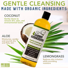 4Legger shampoo label close-up shows organic ingredients like aloe and lemongrass