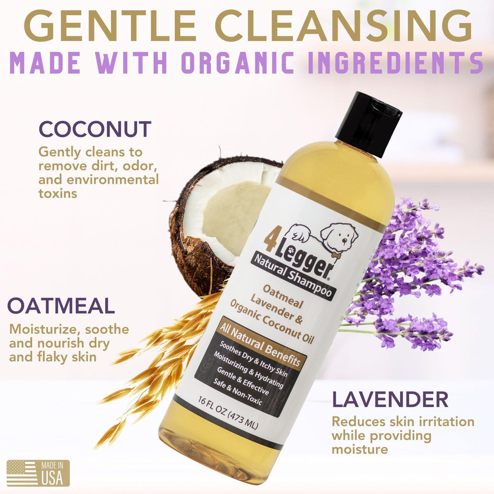 4Legger organic oatmeal dog shampoo bottle emphasizes gentle cleansing.