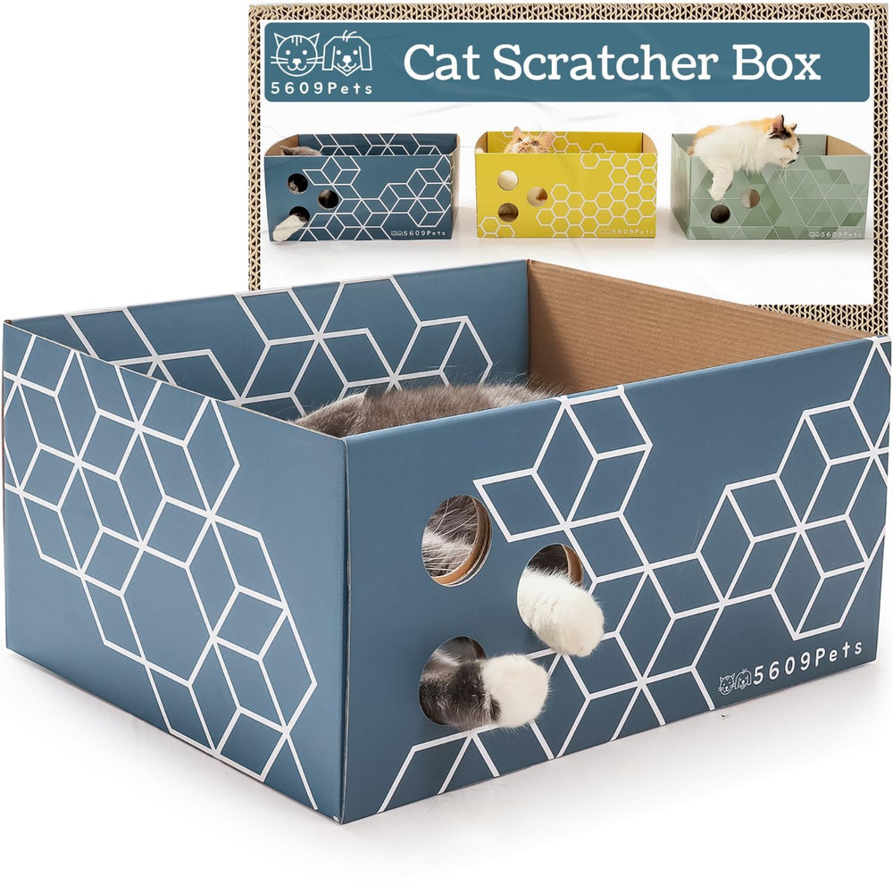 5609PETS cardboard cat scratcher box front view showing a mess-free scratching area