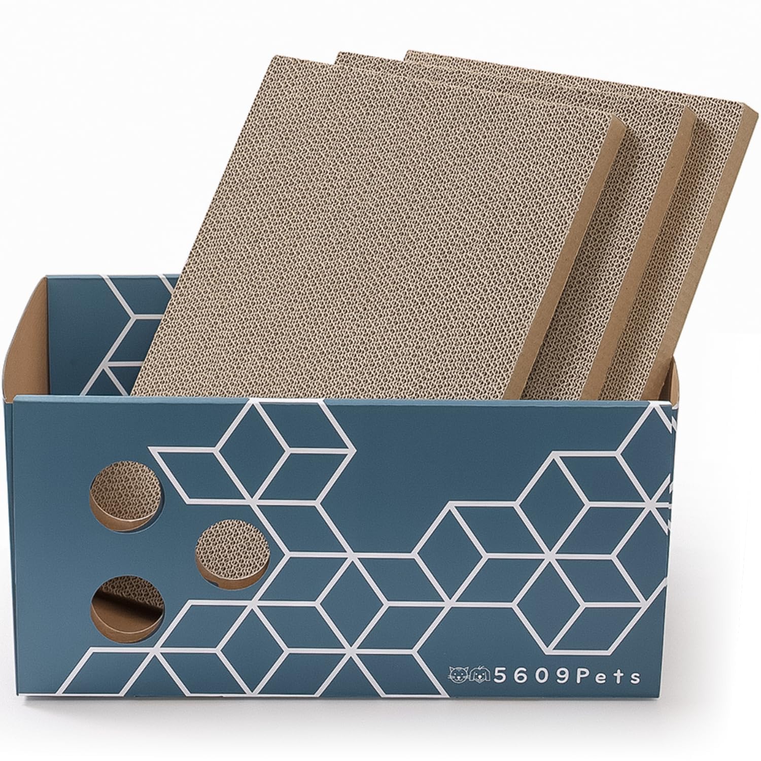 5609PETS heavy-duty scratch box front view showing roomy interior for lounging and scratching.